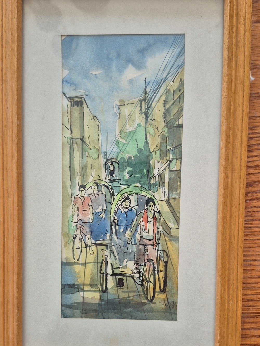 Original Watercolor Street Scene Painting in Blue and Green